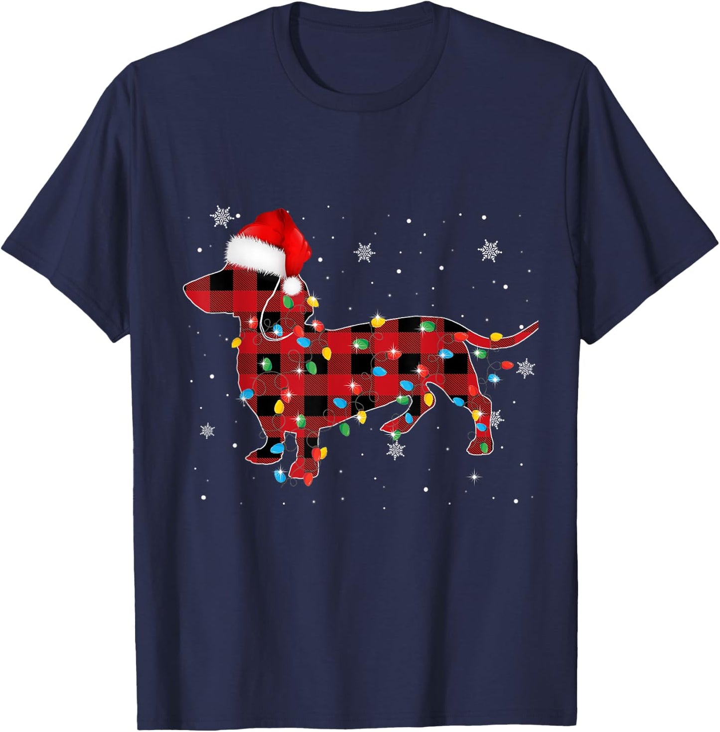 Red Plaid Santa Hat Dachshund Christmas Dog Lover Pajamas T-Shirt - T-Shirt | Navy