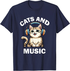 Cats and Music Funny Cat Lovers Music Lovers T-Shirt - T-Shirt | Navy