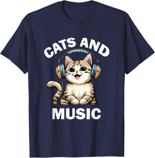 Cats and Music Funny Cat Lovers Music Lovers T-Shirt - T-Shirt | Navy