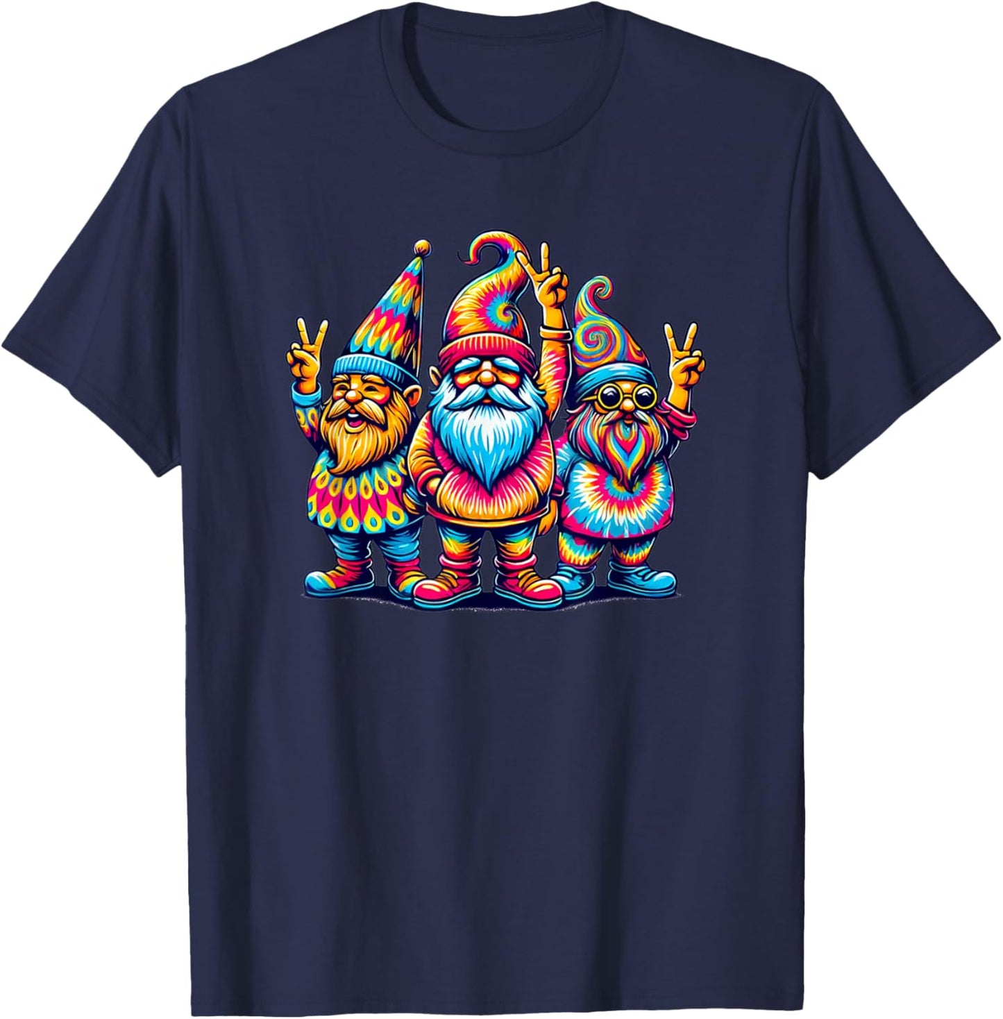 Silly Retro Gnomes Colorful Peace Sign Hippie Love Adults T-Shirt - T-Shirt | Navy