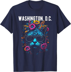 Washington D.C. Cat Wearing Sunglasses Design T-Shirt - T-Shirt | Navy