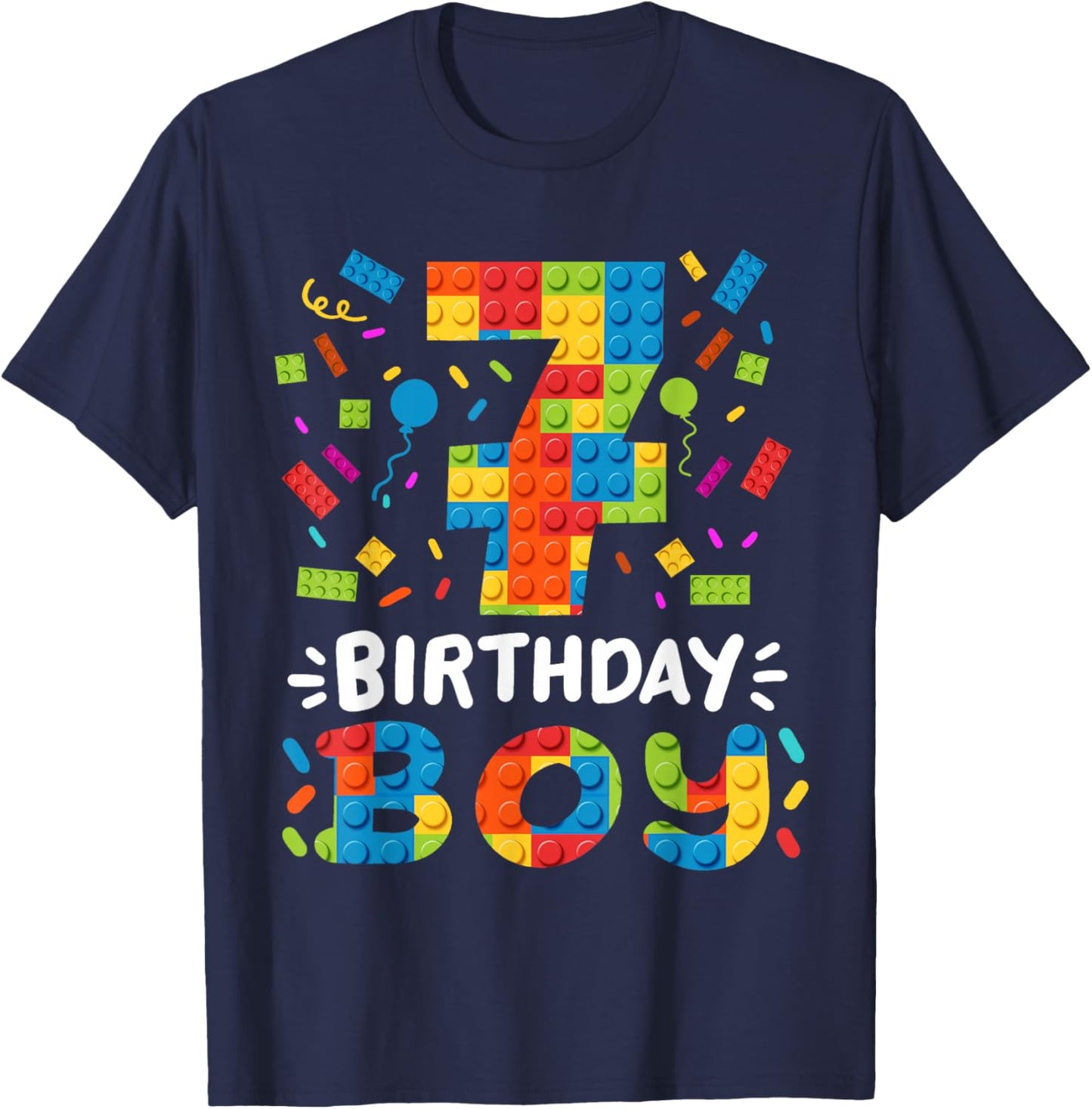 Kids 7 Years Old Building Blocks Builder 7th Birthday Boys T-Shirt - T-Shirt | Navy