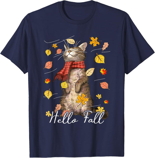 Hello Fall Cat Shirt Cat Autumn Leaves Kitten Lover Men Women Kids T-Shirt - T-Shirt | Navy