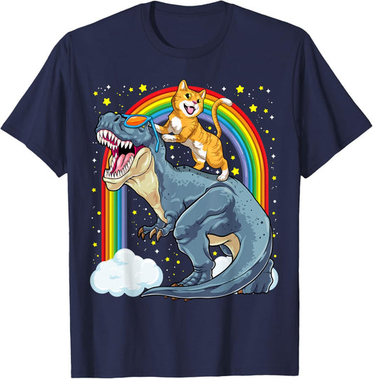 Cat Riding Dinosaur T-Rex Kitten Rainbow Dino Funny T-Shirt - T-Shirt | Navy
