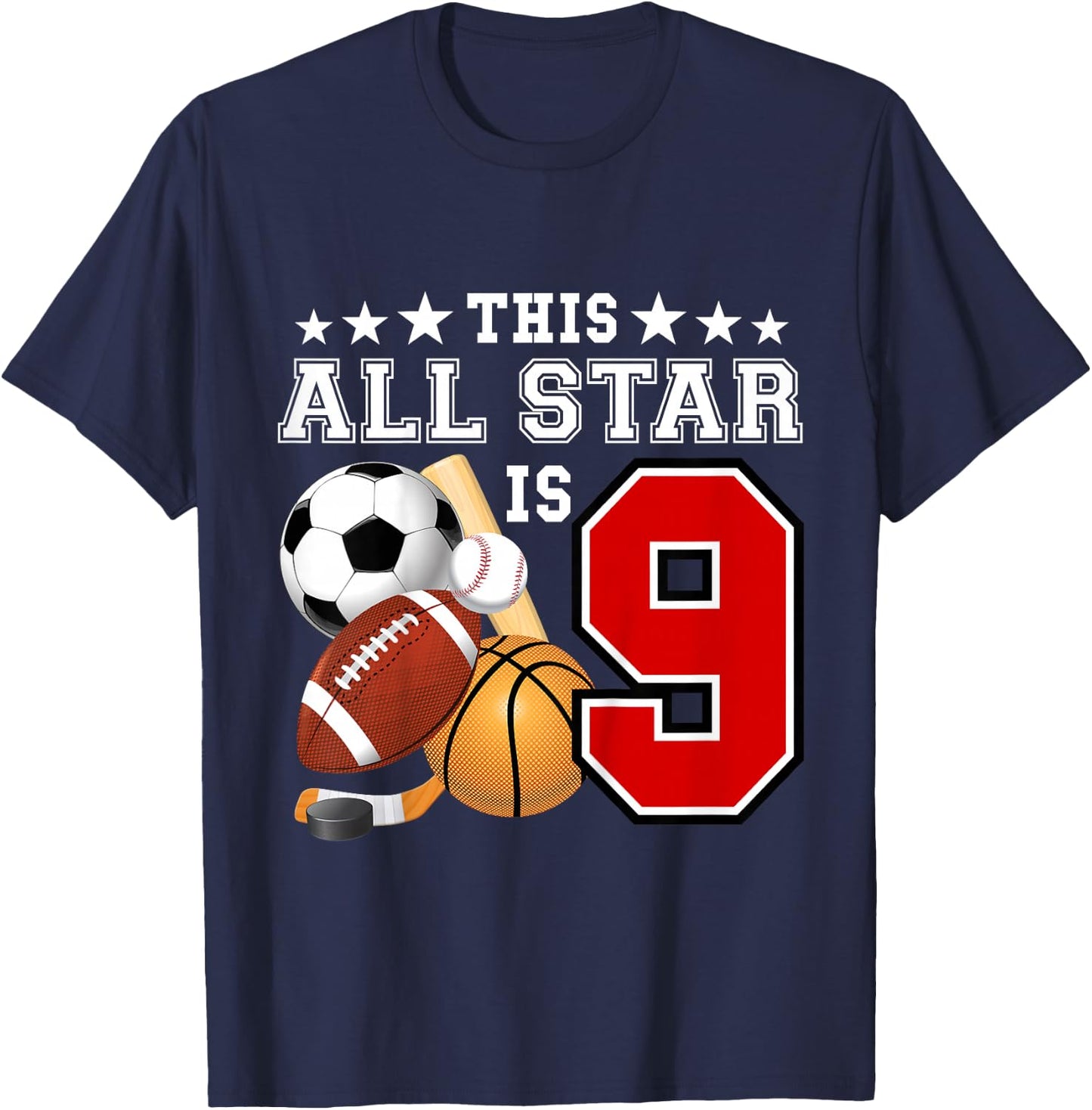 Kids 9 Year Old Sports Star Birthday Party All Sport 9th Gift T-Shirt - T-Shirt | Navy