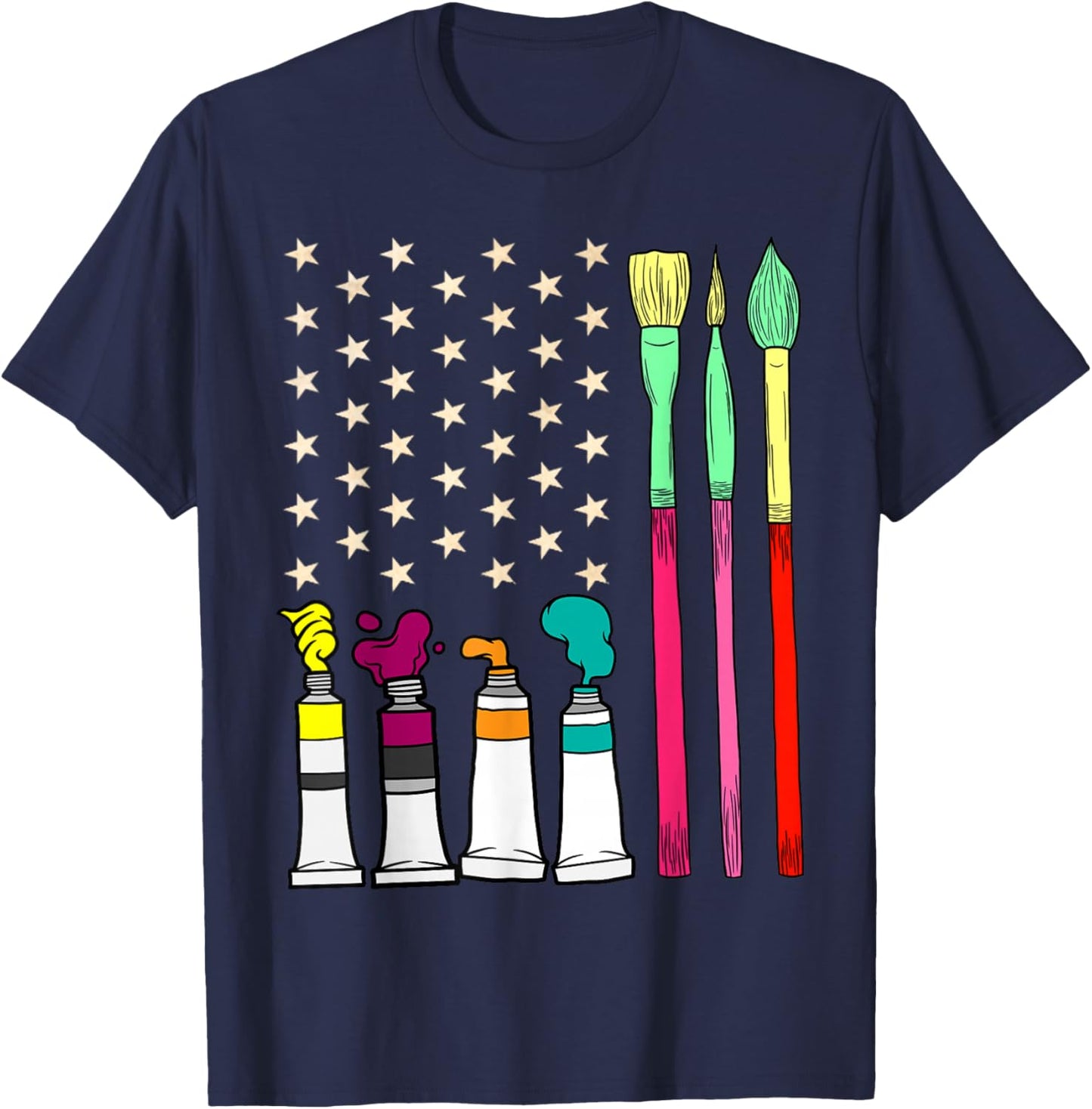 Fun Paint Brush Artist American Flag 4th Of July Painters Women Kids Men T-Shirt - T-Shirt | Navy