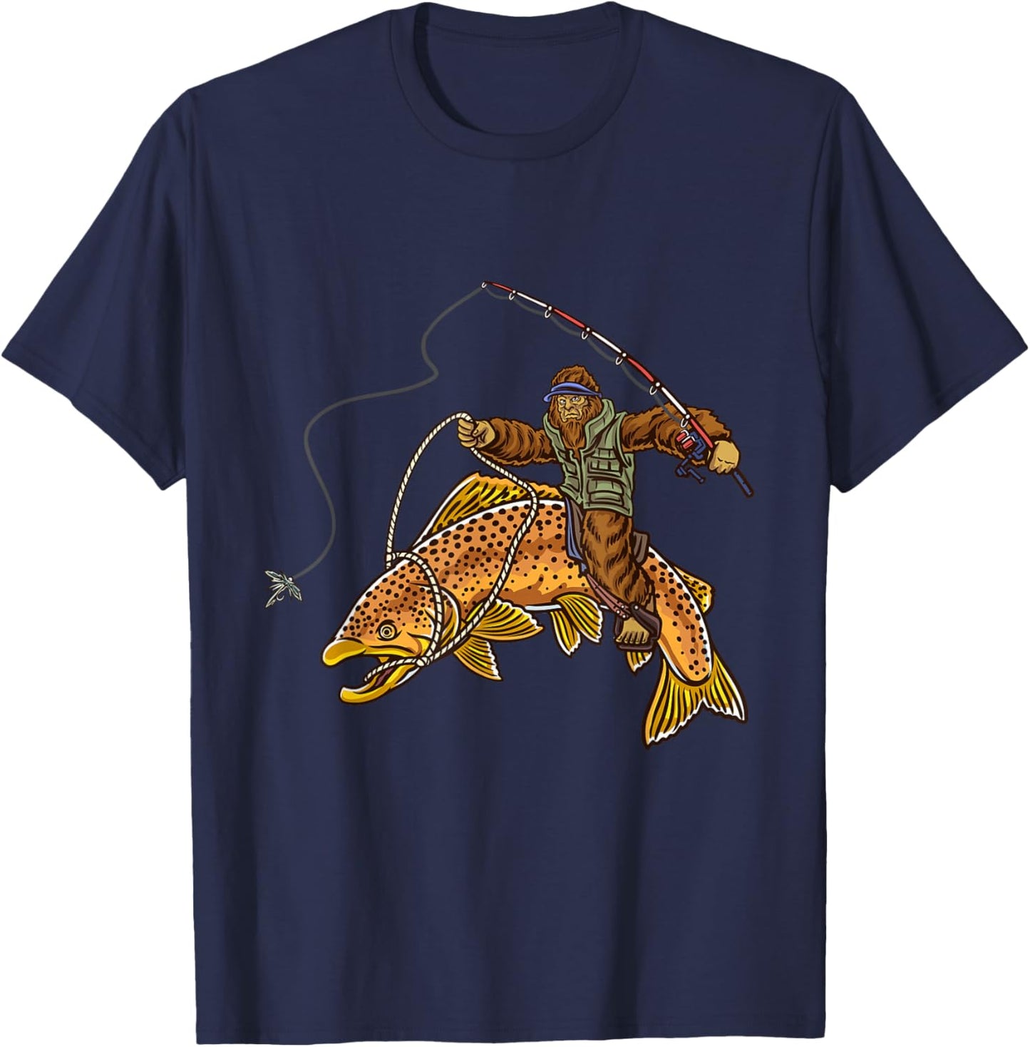 Brown Trout River Fishing Bigfoot Hunting Fishermen T-Shirt - T-Shirt | Navy
