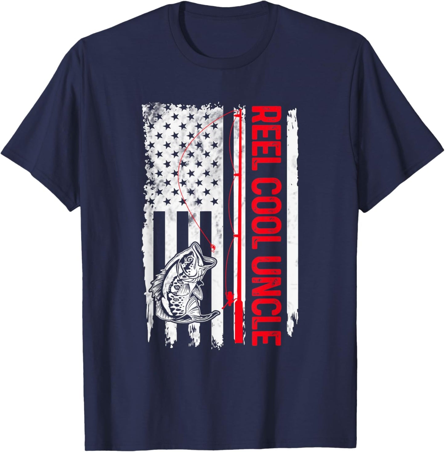 Reel Cool Uncle Fishing American Flag Funny Dad Papa T-Shirt - T-Shirt | Navy