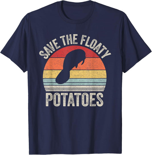 Vintage Retro Save The Floaty Potatoes Manatees T-Shirt - T-Shirt | Navy