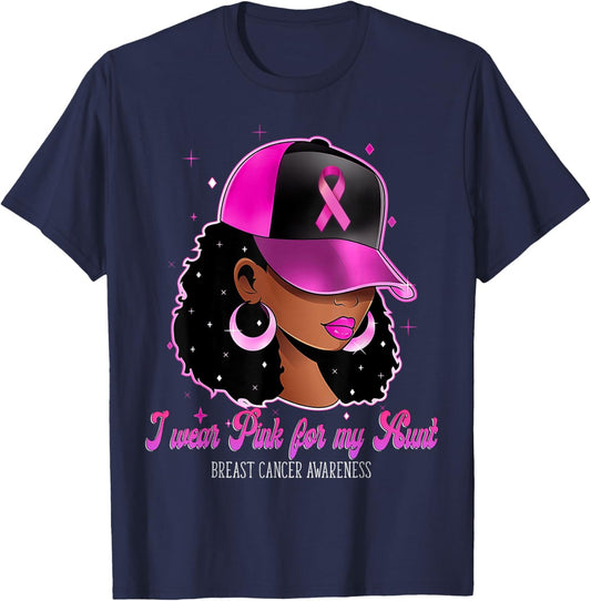 I Wear Pink For My Aunt Breast Cancer Awareness Afro Girl T-Shirt - T-Shirt | Navy