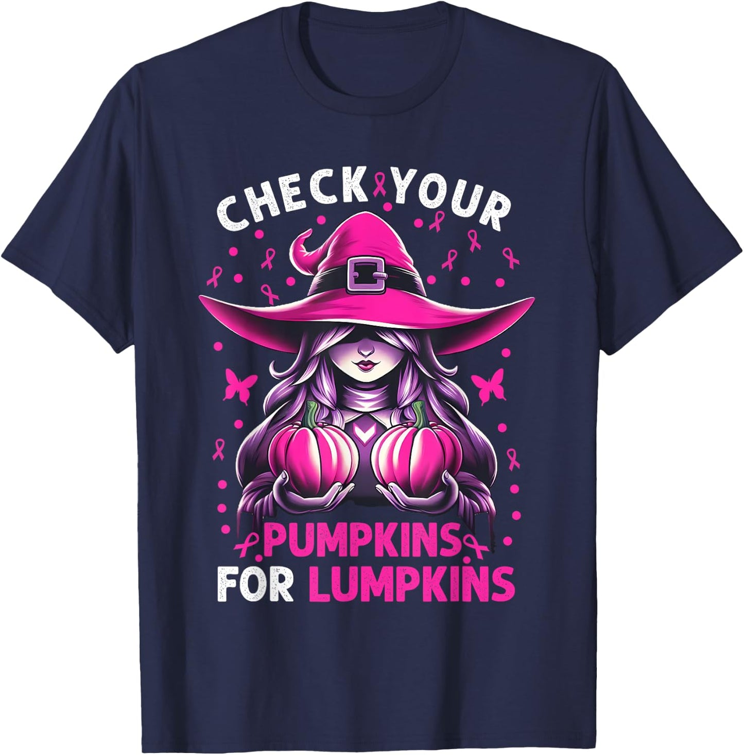 Breast Cancer Witch Check Your Pumpkins For Lumpkins T-Shirt - T-Shirt | Navy