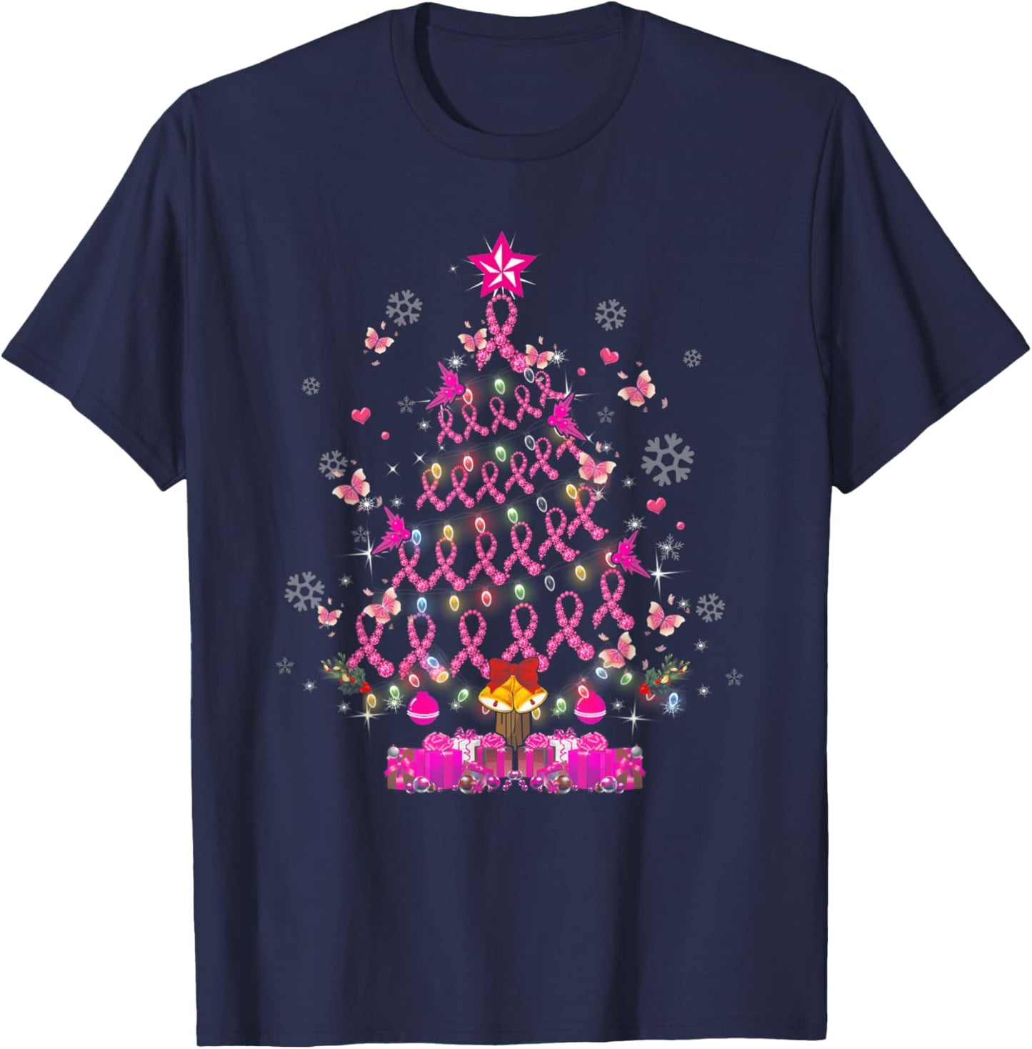 Breast Cancer Awareness Decoration Christmas Tree Snowflakes T-Shirt - T-Shirt | Navy