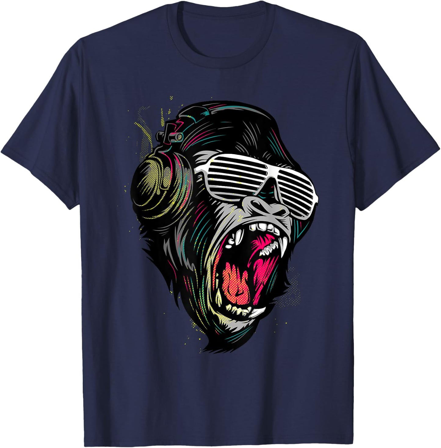 Cool Wild Illustration Monkey Listen To The Music Graphic T-Shirt - T-Shirt | Navy