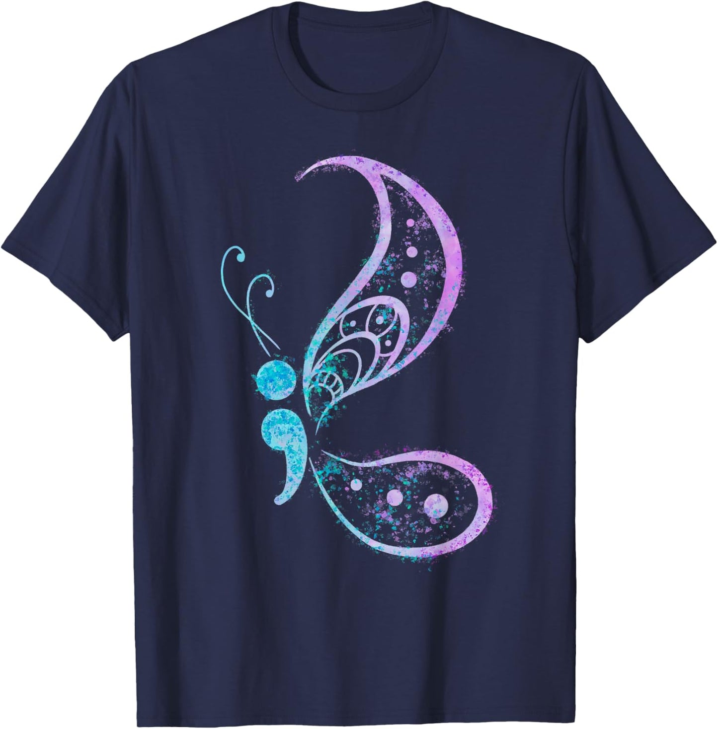 Vintage Semicolon Butterfly Semi-Colon Tattoo Mental Health T-Shirt - T-Shirt | Navy