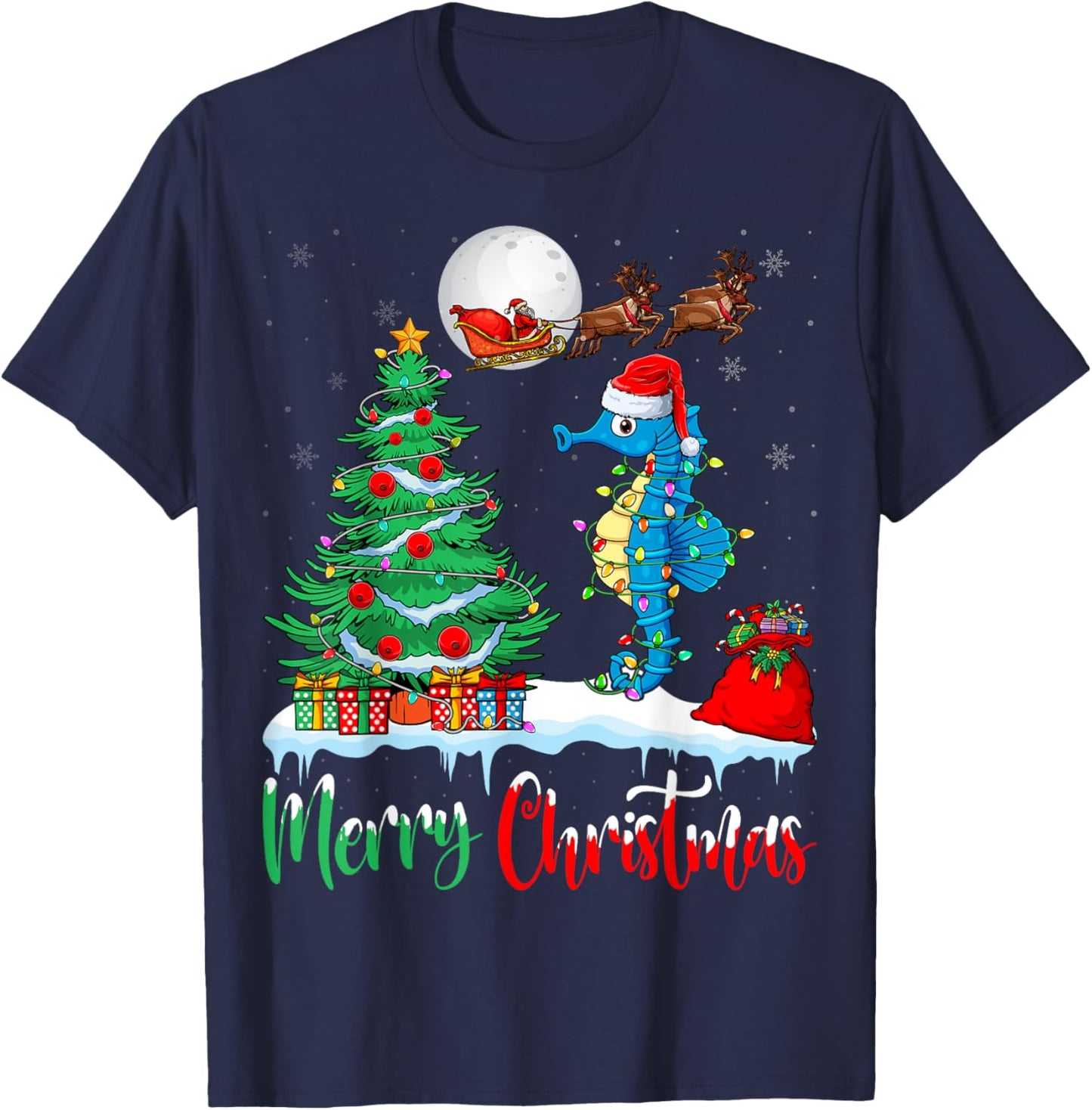 Seahorse Santa Hat Xmas Lights Merry Christmas Seahorse T-Shirt - T-Shirt | Navy