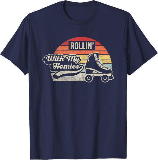 NICE 'N COOL Retro Vintage Rollin With My Homies Roller Skating , Small, Black T-Shirt - T-Shirt | Navy
