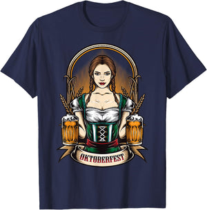 Oktoberfest Woman Wearing a Dirndl Dress Beer Outfit T-Shirt - T-Shirt | Navy