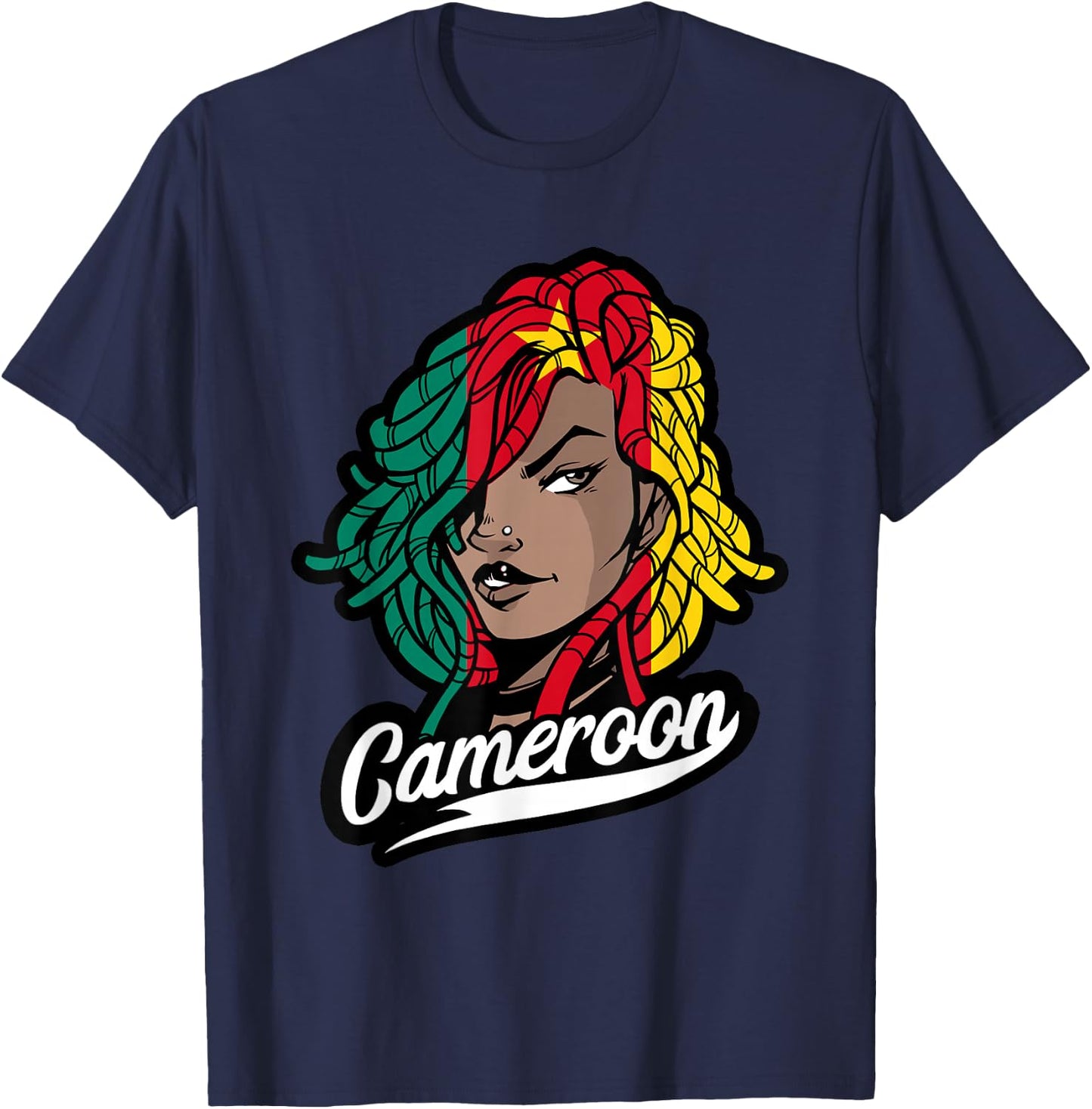 Cameroon Girl Dreadlocks Cameroonian Flag Cameroonian Roots T-Shirt - T-Shirt | Navy