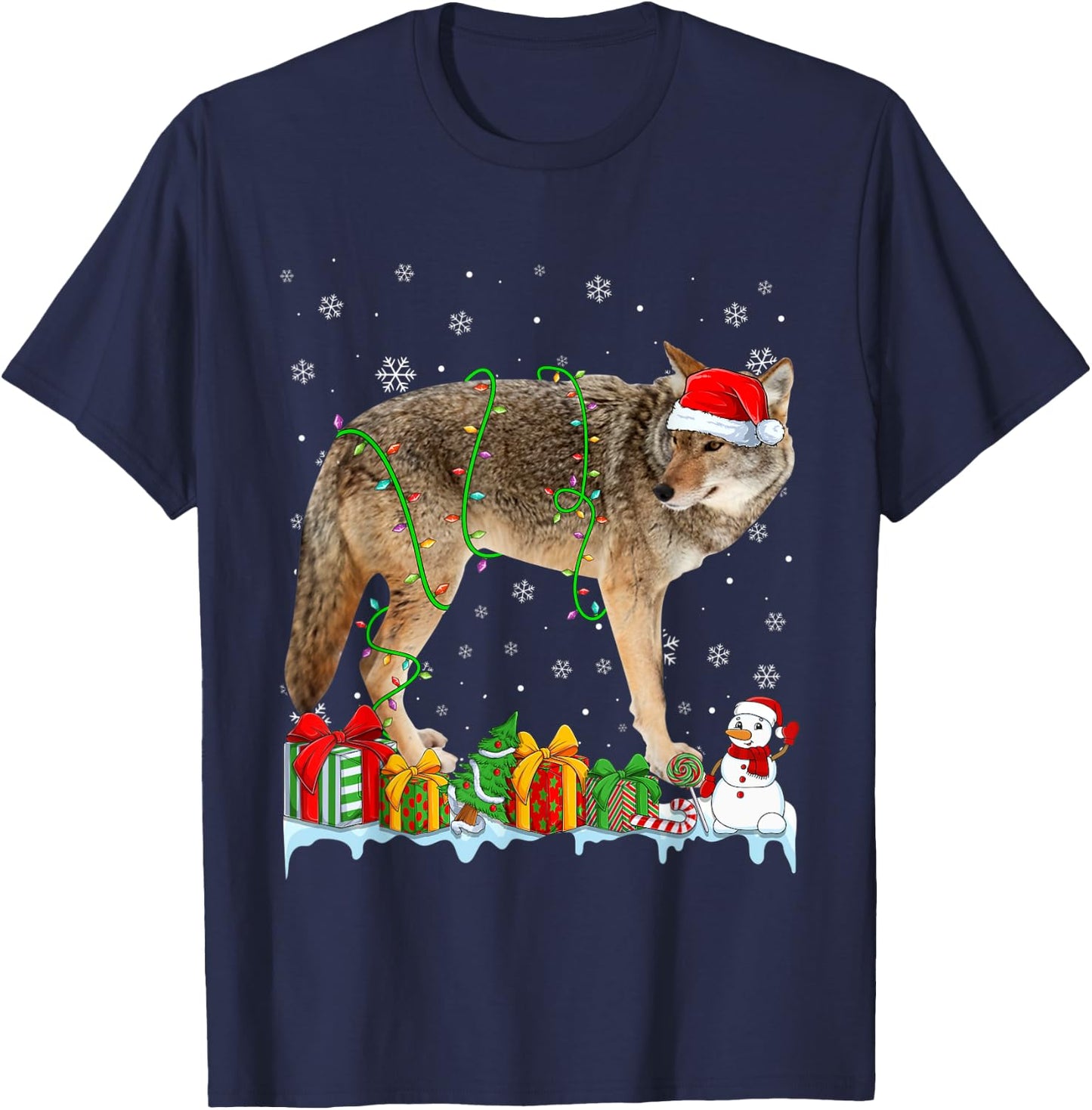 Funny Santa Hat Coyote Christmas Lights Animals Lover T-Shirt - T-Shirt | Navy