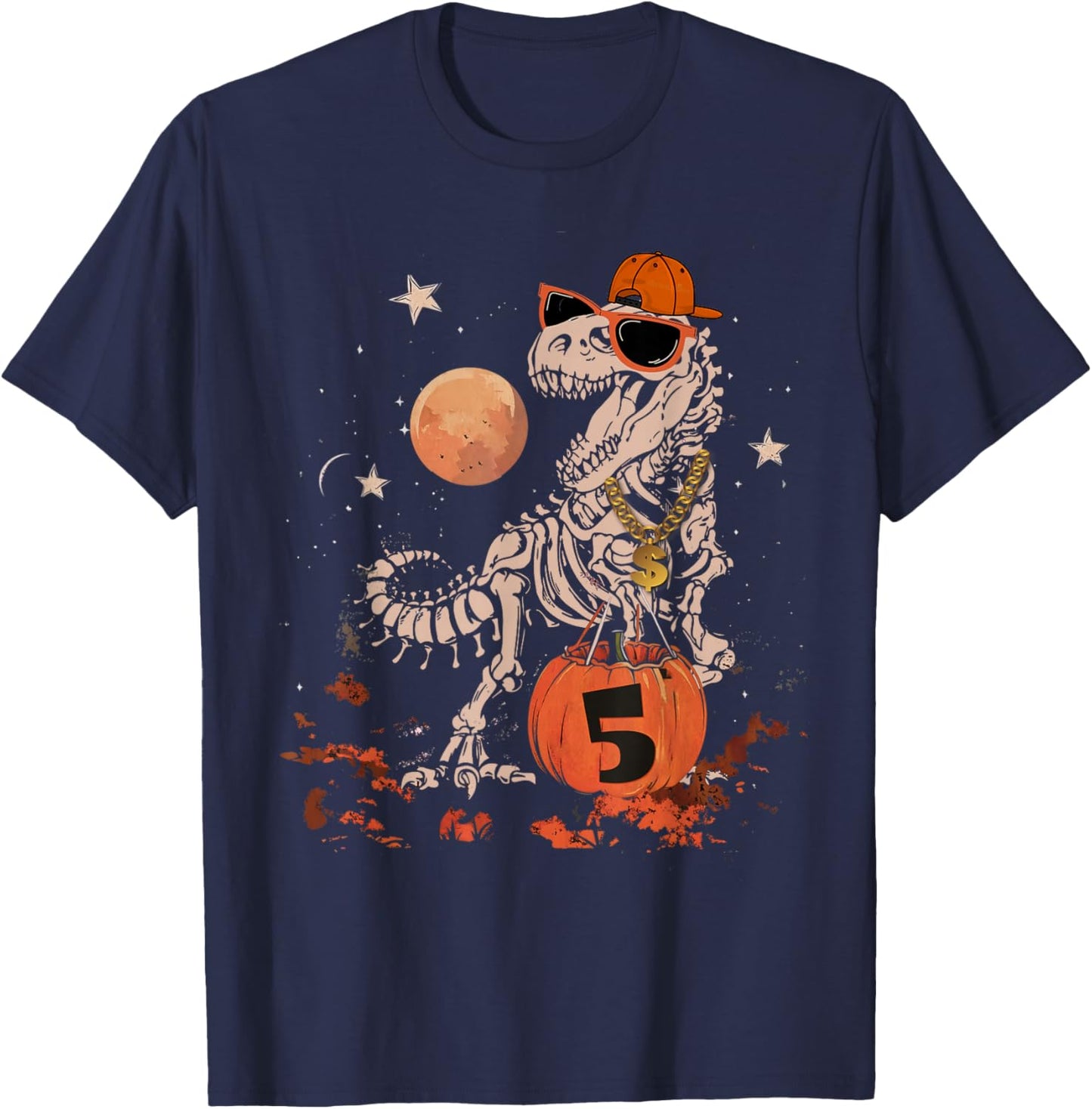 Birthday Halloween 5th Dinosaur Skeleton T-REX Scary Boy Kid T-Shirt - T-Shirt | Navy