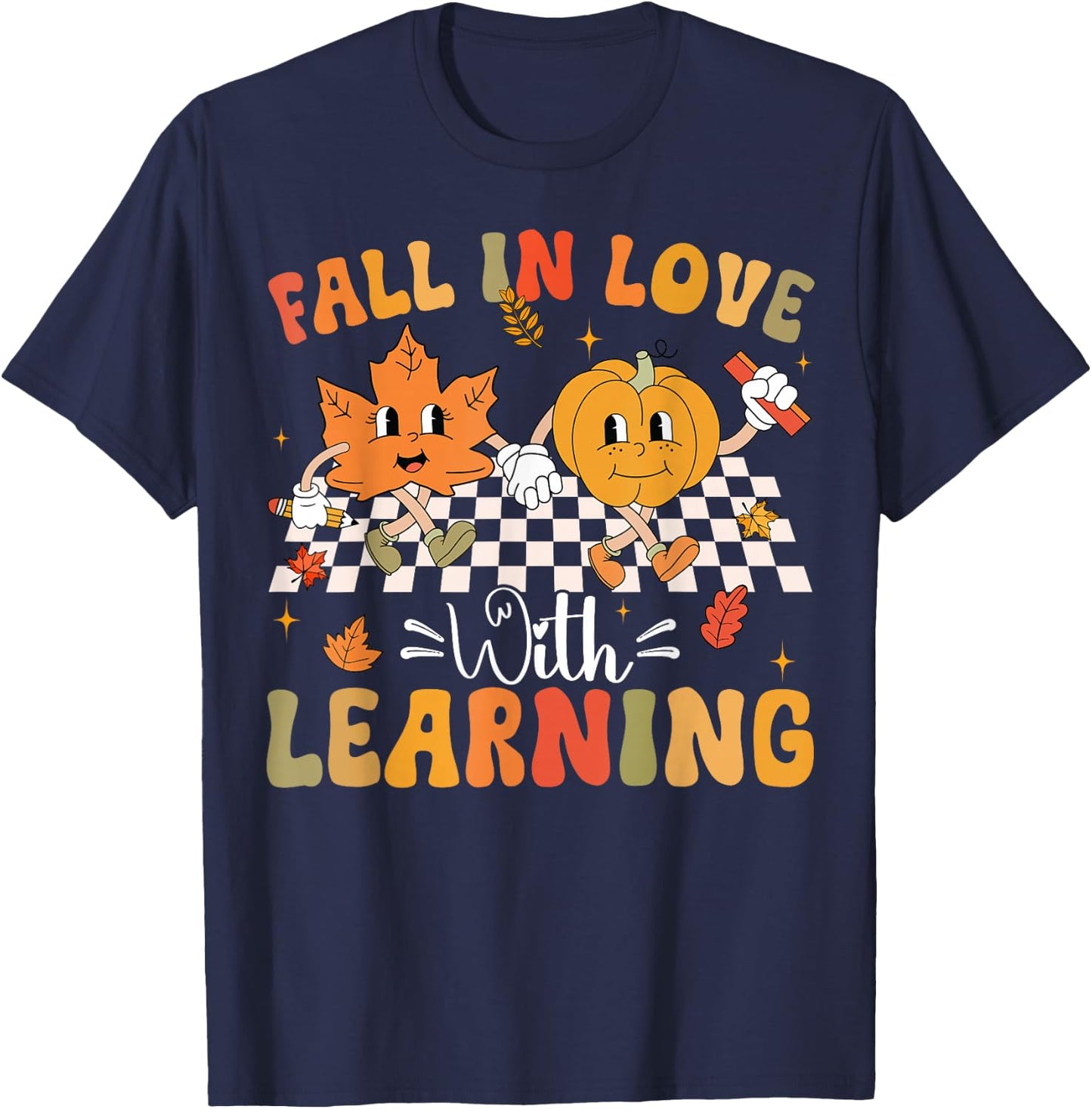 Retro Fall In Love With Learning Autumn Pumpkin Teacher T-Shirt - T-Shirt | Navy