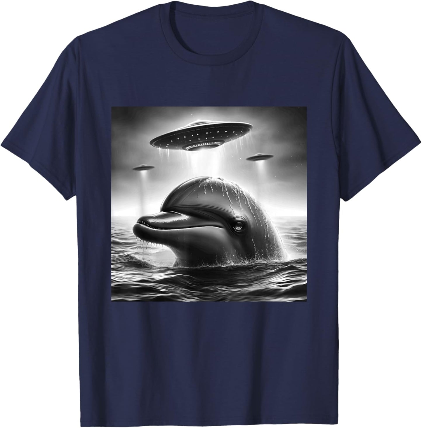 Dolphin Sea Funny Graphic Selfie with UFOs Weird Aliens T-Shirt - T-Shirt | Navy