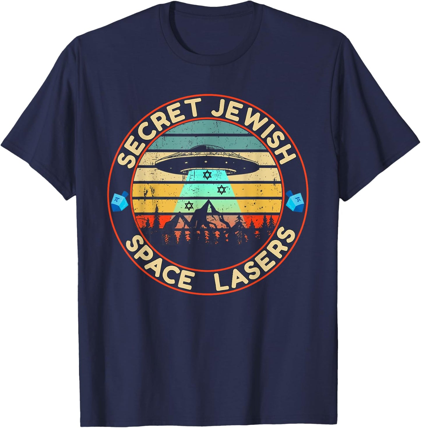 Jewish Space Laser Secret UFO Universe Vintage Dreidel Stars T-Shirt - T-Shirt | Navy