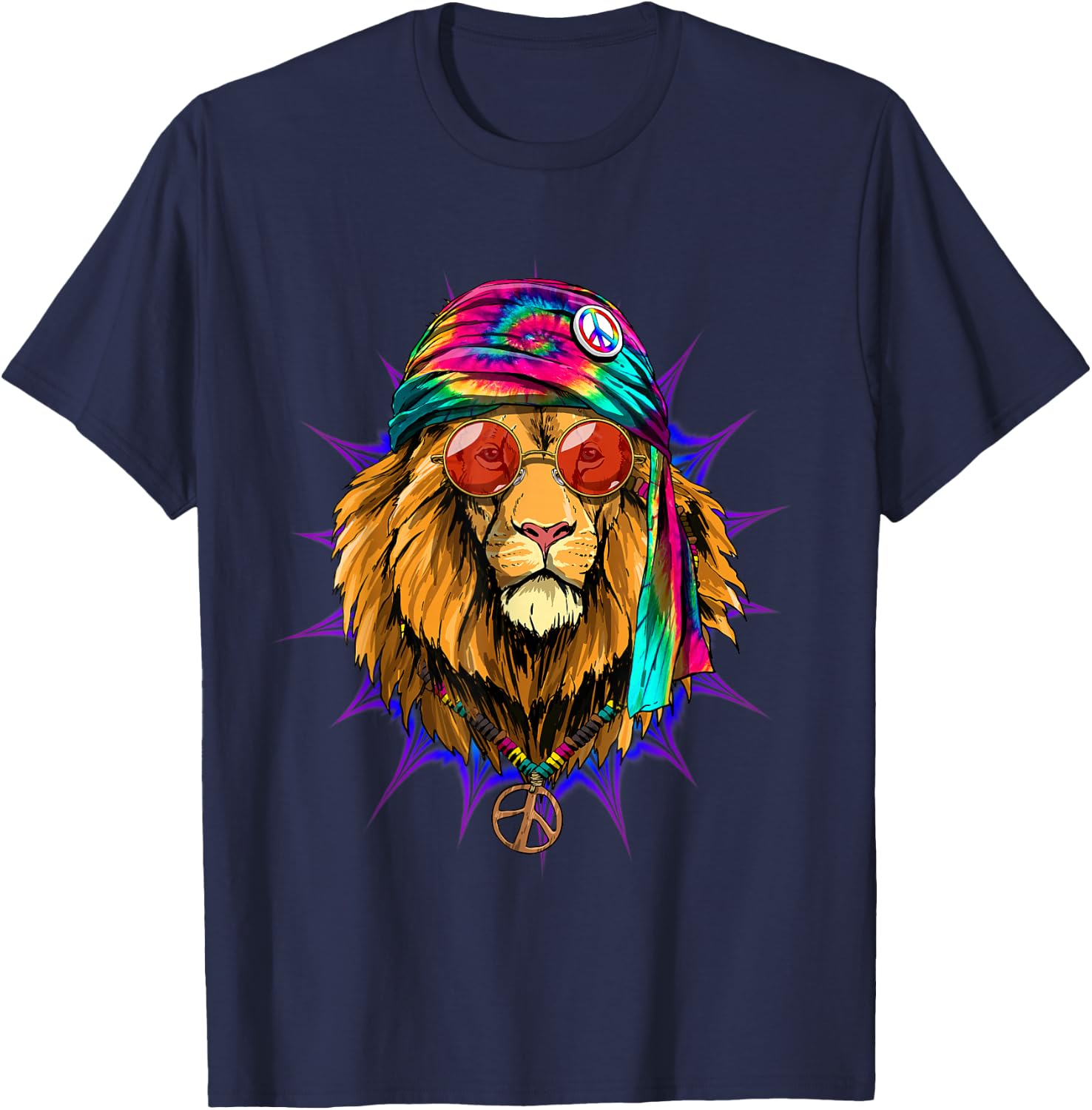 Hippie Lion Tie Dye Peace Sign Psychedelic Animal Lion Lover T-Shirt - T-Shirt | Navy