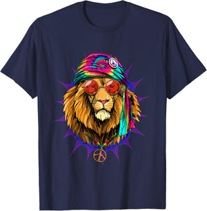 Hippie Lion Tie Dye Peace Sign Psychedelic Animal Lion Lover T-Shirt - T-Shirt | Navy