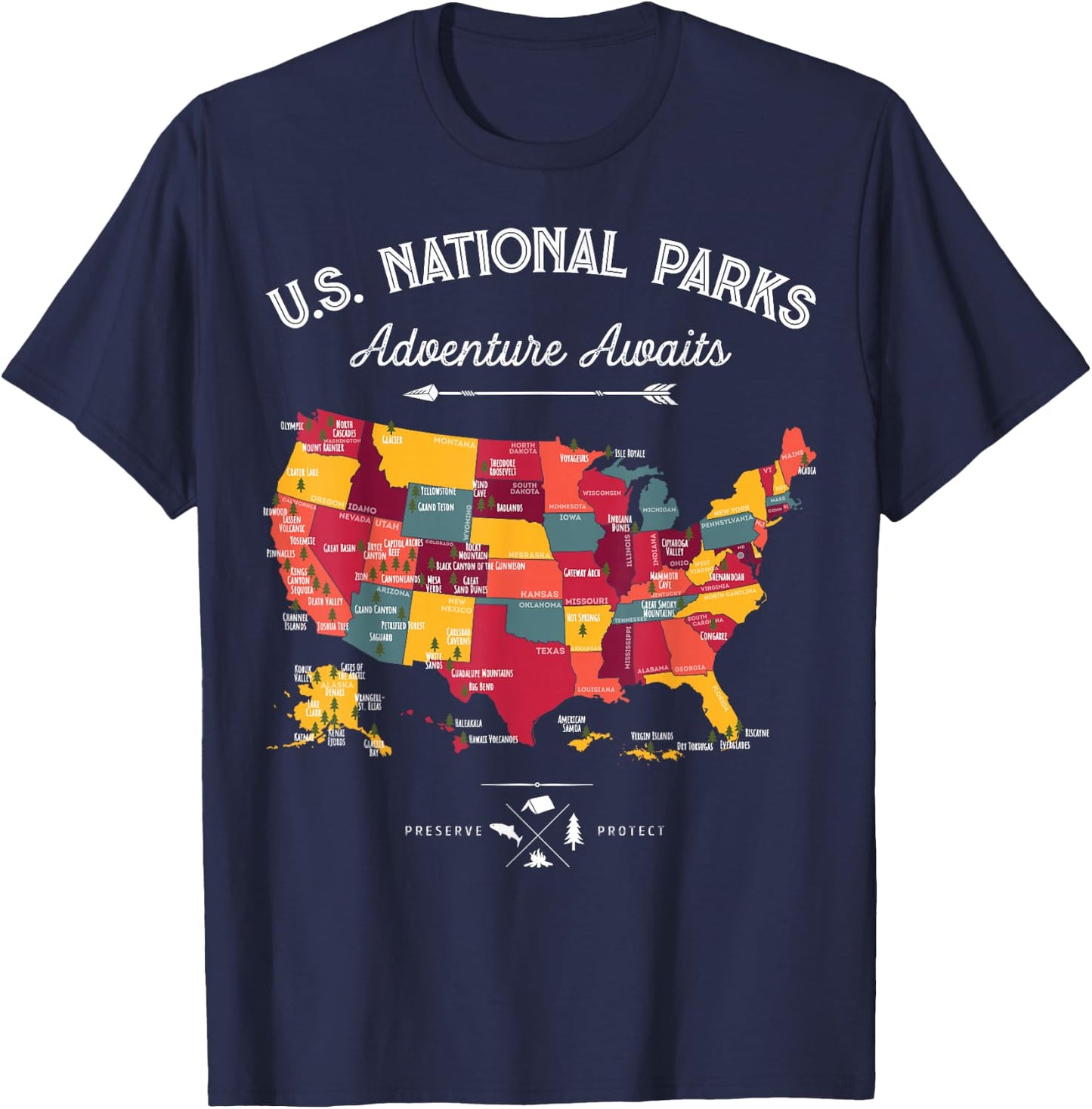 62 National Parks Map Gifts US Park Vintage Camping Hiking T-Shirt - T-Shirt | Navy