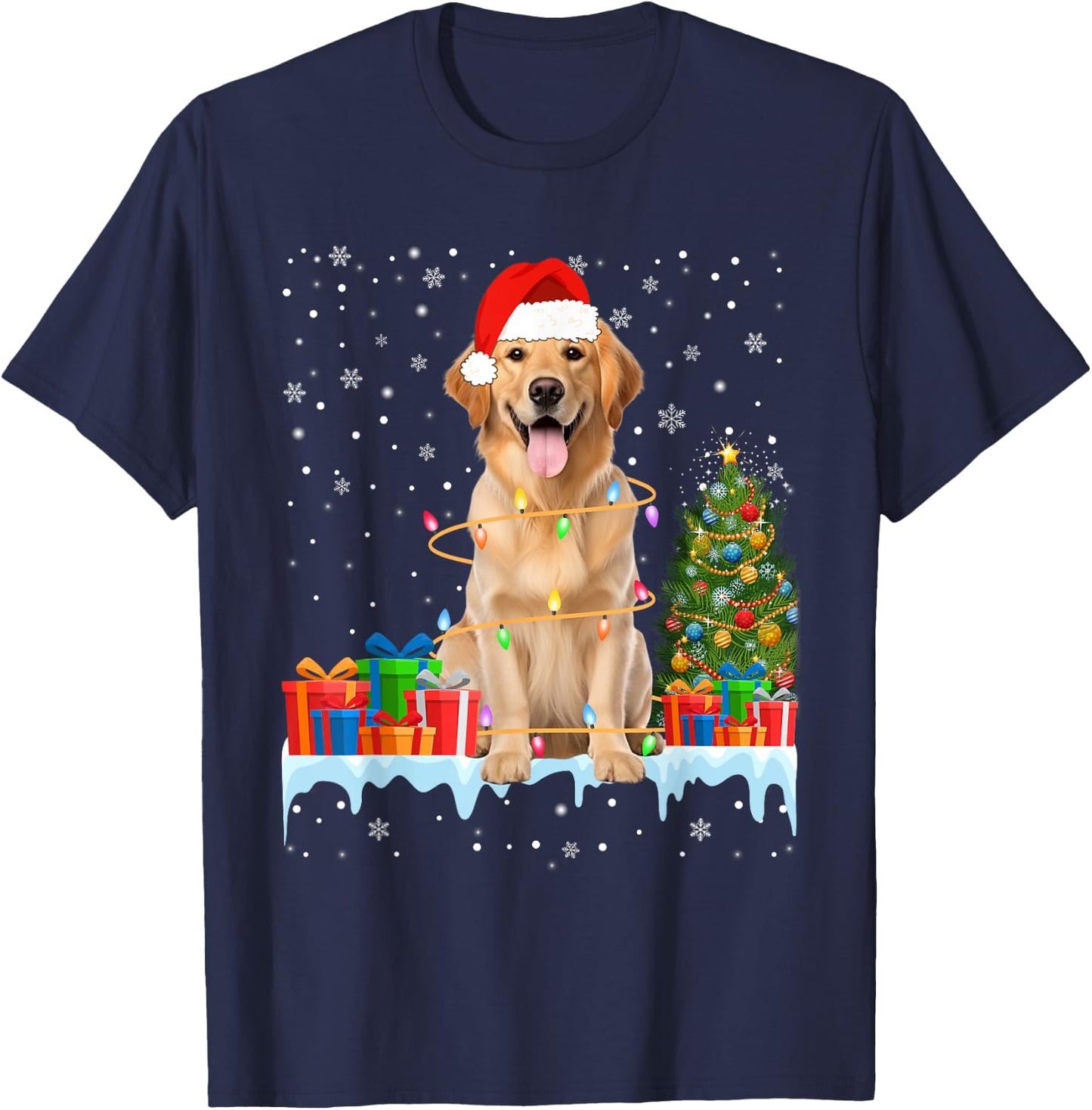 Santa Golden Retriever Dog Christmas Lights Xmas Pajamas Men Women Kids T-Shirt - T-Shirt | Navy
