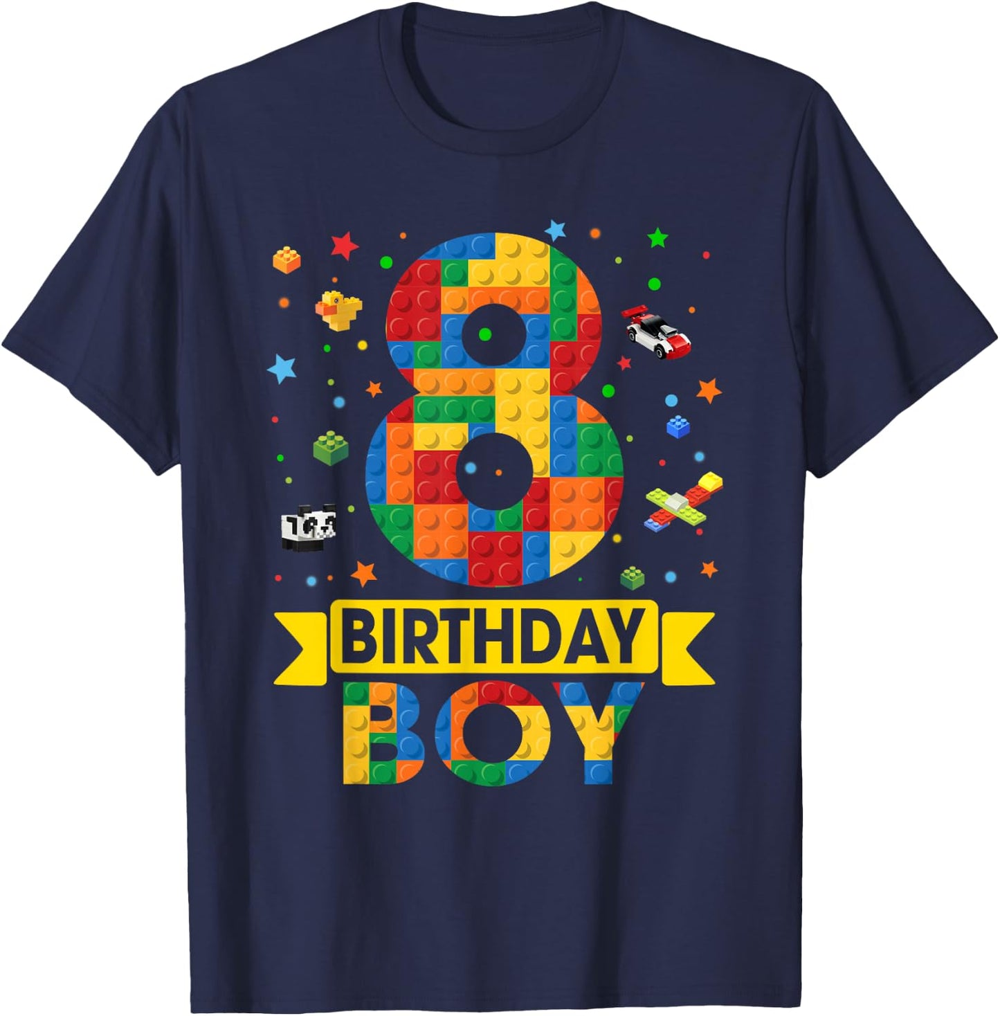Kids Funny 8 Year Old Building Blocks 8th Birthday Boy T-Shirt - T-Shirt | Navy