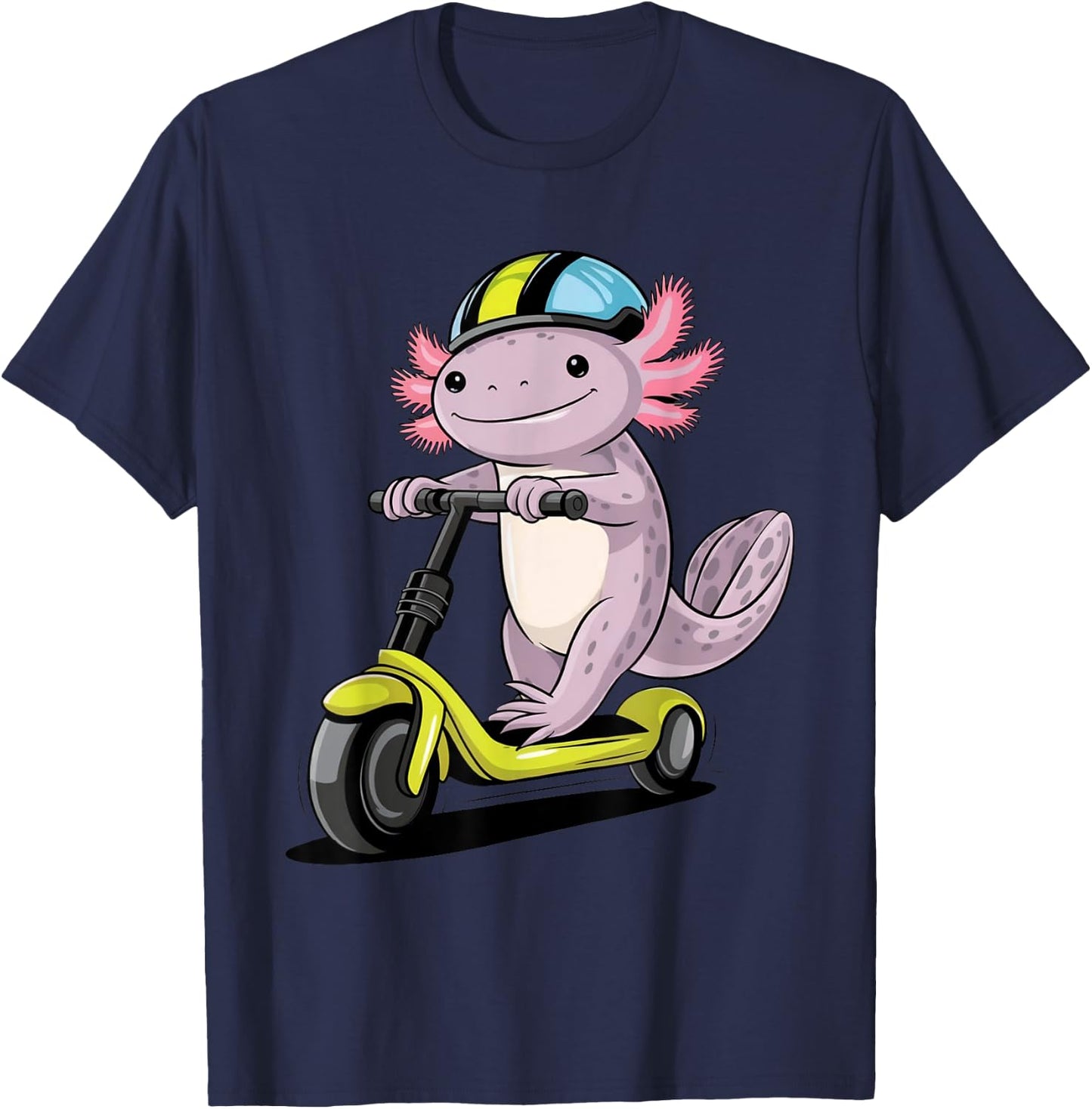 Axolotl Driving Scooter Funny Kawaii Boys Girls Cute Axolotl T-Shirt - T-Shirt | Navy