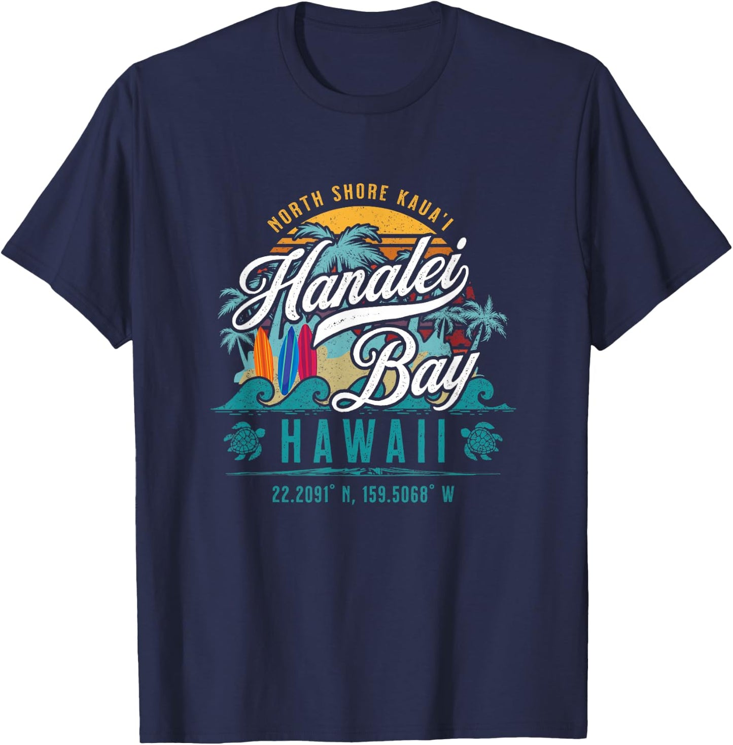 Hanalei Bay North Shore Kauai Hawaii Retro Sun Surf Fishing T-Shirt - T-Shirt | Navy