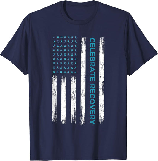 Drug Alcohol Addiction Recovery Celebrate Recovery USA Flag T-Shirt - T-Shirt | Navy