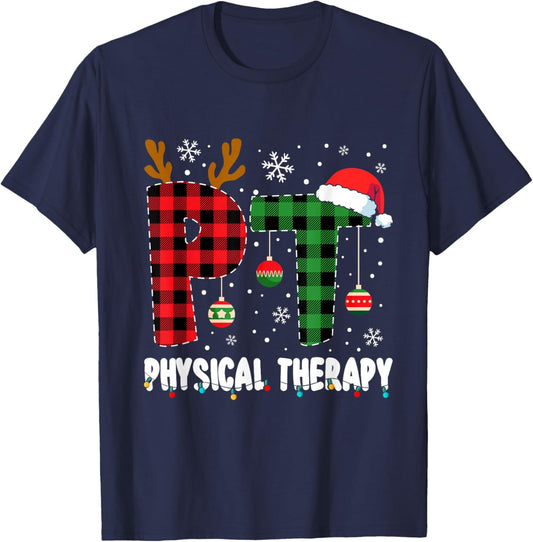 Christmas Physical Therapy Apparel -Adults Black Small Short Sleeve Modern Classic Christmas Physical Therapy Assistant T-Shirt - T-Shirt | Navy