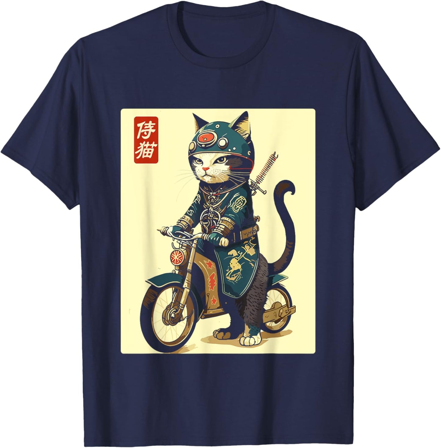 Japanese Samurai Cat on Motorcycle Kawaii Ninja Cat Women Kids T-Shirt - T-Shirt | Navy
