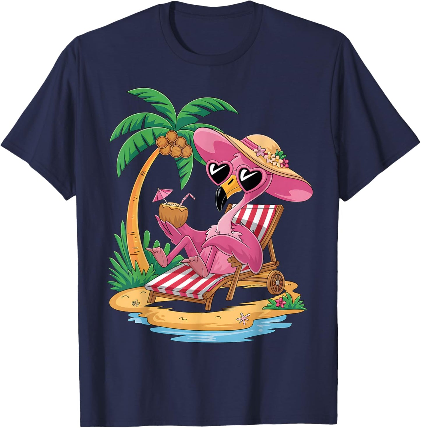 Pink Flamingo Women's Girls Beach Summer Holiday Tropical T-Shirt - T-Shirt | Navy
