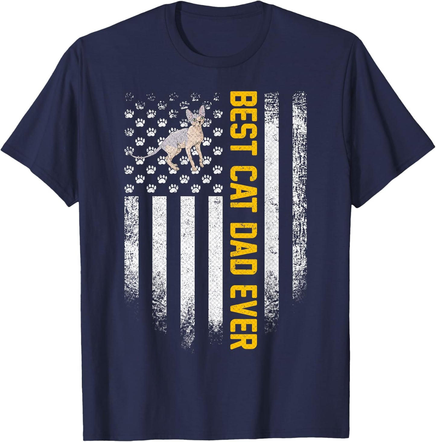 Vintage USA American Flag Best Sphynx Cat Dad Ever Funny Women Men T-Shirt - T-Shirt | Navy