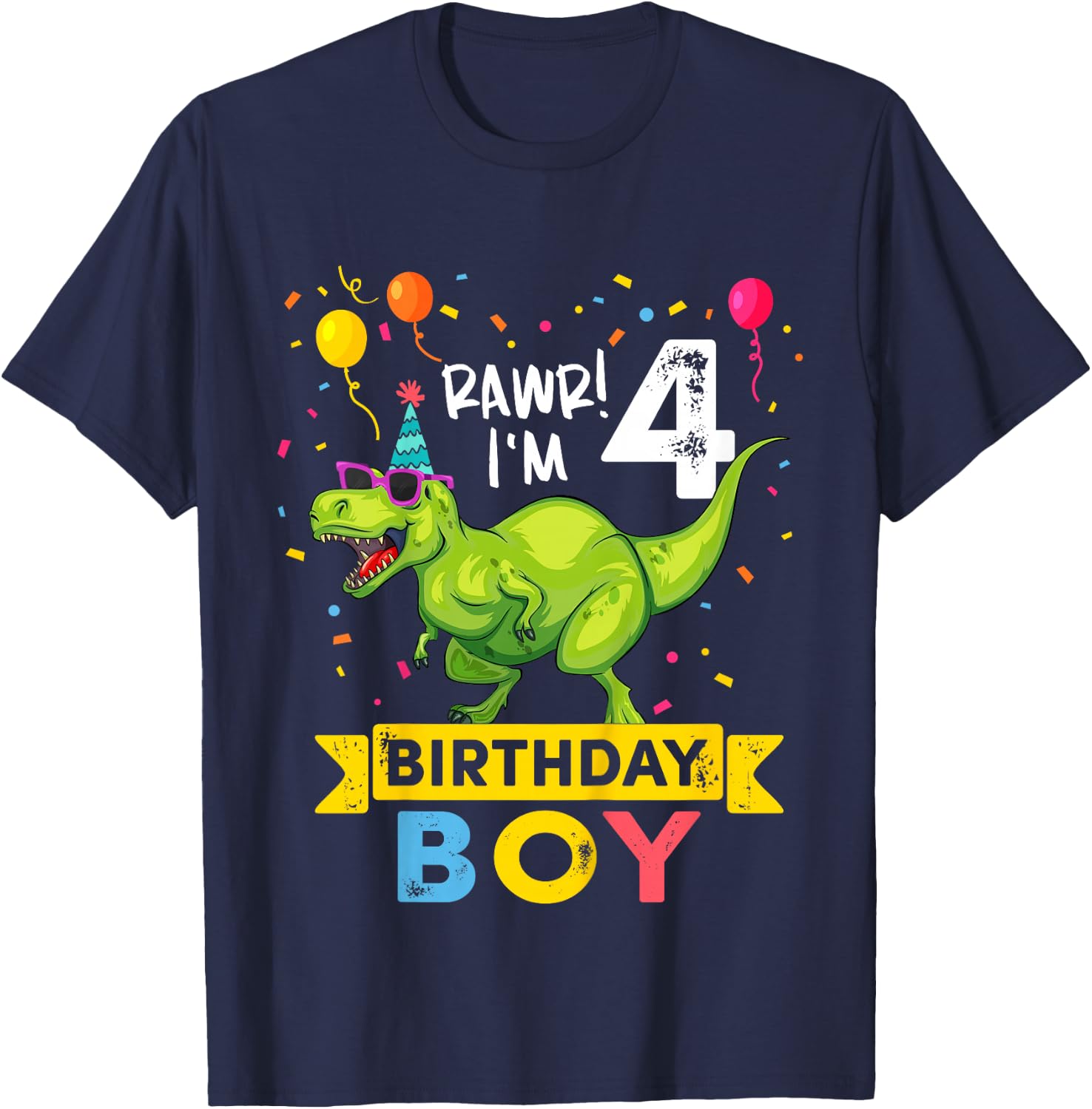 4 Year Old Boy 4th Birthday Boy T Rex Dinosaur T-Shirt - T-Shirt | Navy