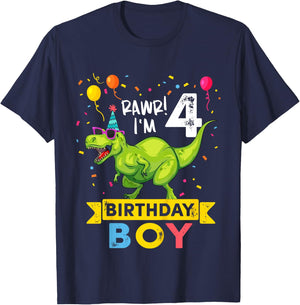 4 Year Old Boy 4th Birthday Boy T Rex Dinosaur T-Shirt - T-Shirt | Navy
