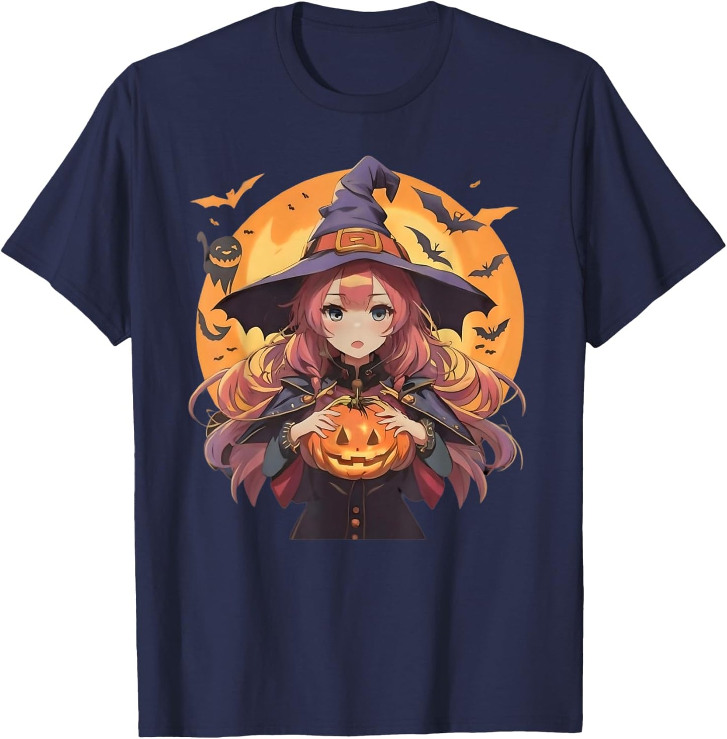 Cute Anime Halloween Girl Witch with Pumpkin and Bats girls T-Shirt - T-Shirt | Navy