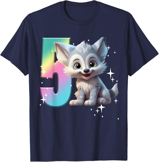 5th Birthday Wolf Shirt Birthday Girl Outfit Wolves 5 Five T-Shirt - T-Shirt | Navy
