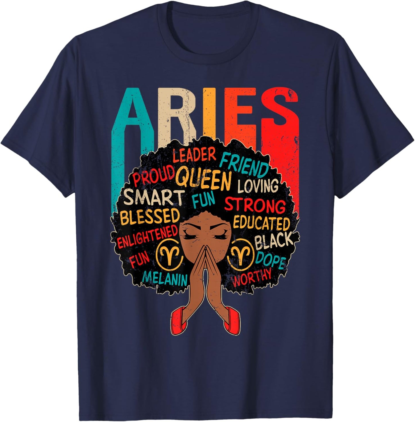 Aries Queen Retro Afro Black Women Zodiac Sign T-Shirt - T-Shirt | Navy