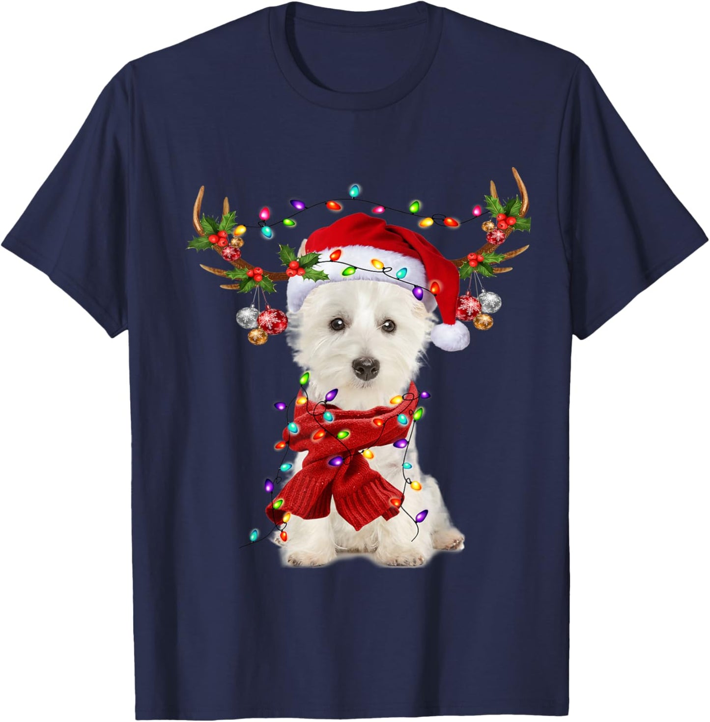 Santa Westie Dog Reindeer Christmas Lights Men Women Kids T-Shirt - T-Shirt | Navy
