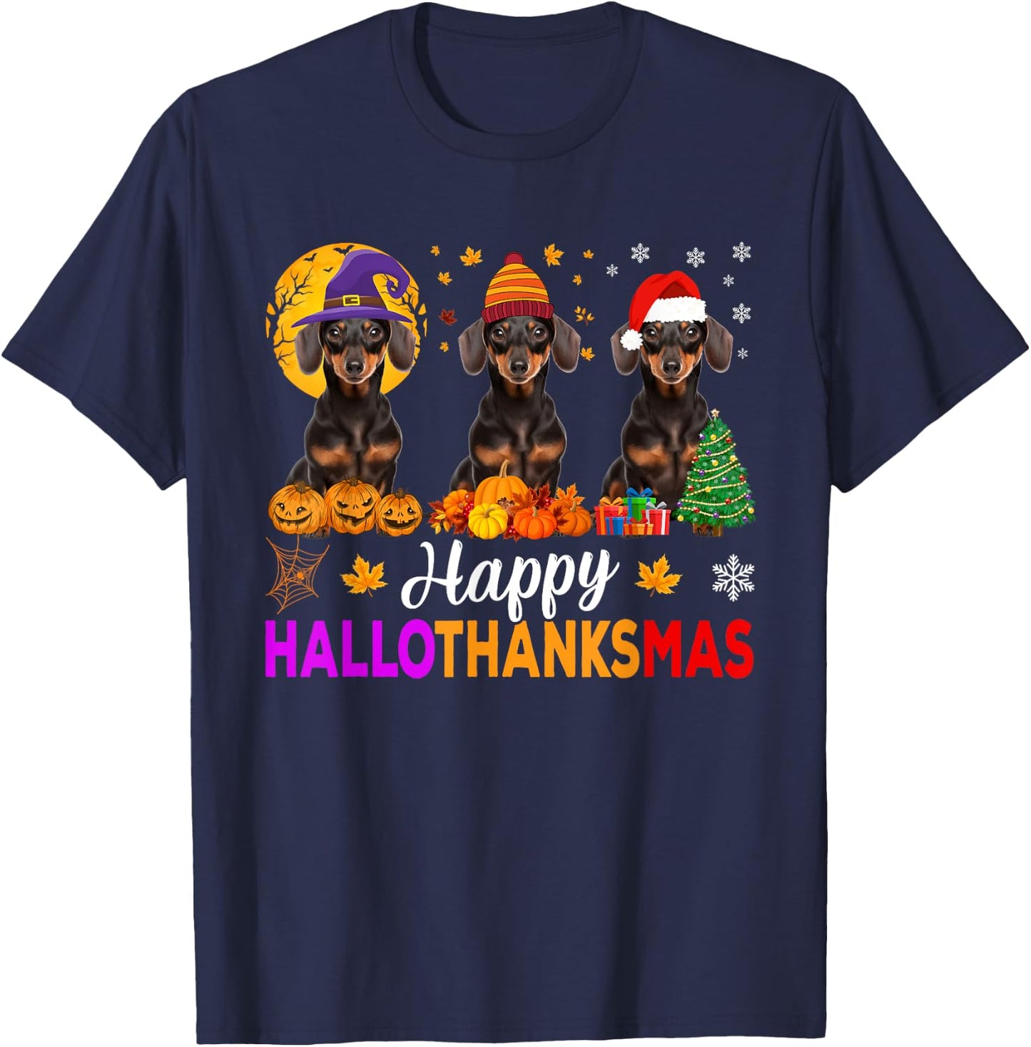 Dachshund Dog Halloween Christmas Hallothanksmas Women Kids T-Shirt - T-Shirt | Navy