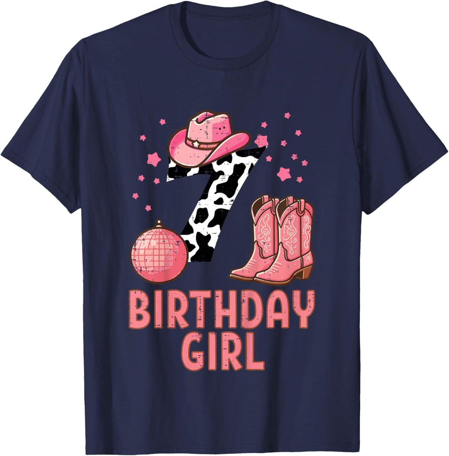 7th Birthday Cow Pattern Cowgirl 7 Year Old Bday Girls Kids T-Shirt - T-Shirt | Navy