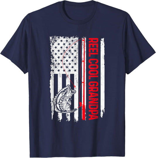 Reel Cool Grandpa Fishing American Flag Funny Papa Dad T-Shirt - T-Shirt | Navy