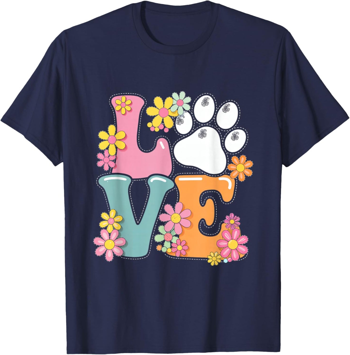 Love Flowers Paw Print Animal Pet Love Kids Women T-Shirt - T-Shirt | Navy