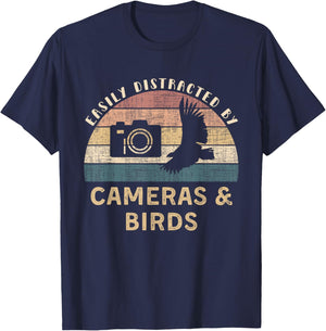 Easily Distracted By Cameras Birds Retro Funny Photographer T-Shirt - T-Shirt | Navy